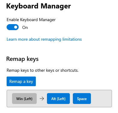 Screenshot of the PowerToys Keyboard Manager screen
